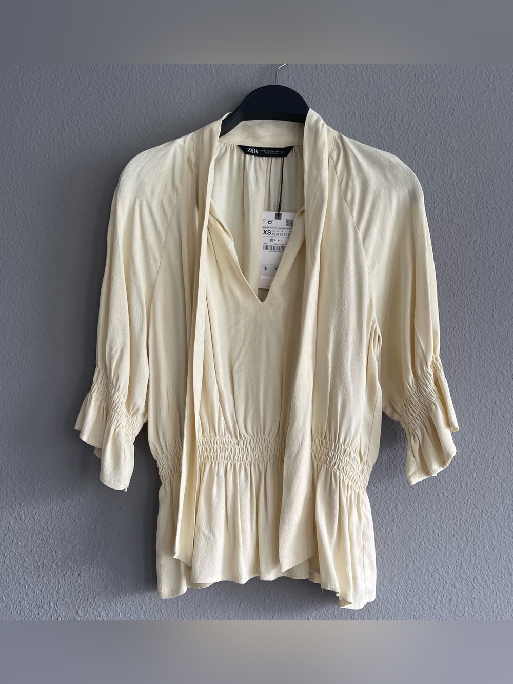 Zara Cream Tie-Neck Smocked-Waist Blouse